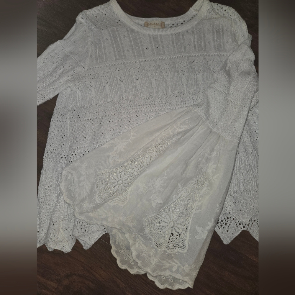 Altar'd State Bell Sleeve White Cotton Eyelet Crew Neck Scalloped Hem Sweater - Picture 6 of 8